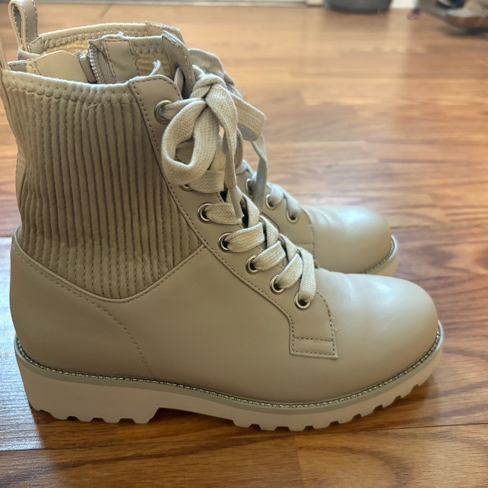 Vaneli Beige Lace-Up Ankle Boots